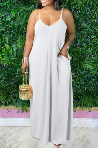 White Sexy Casual Solid Backless Spaghetti Strap Long Dress Plus Size Dresses