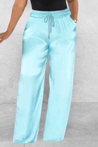 Light Blue Casual Solid Basic Regular High Waist Conventional Solid Color Trousers