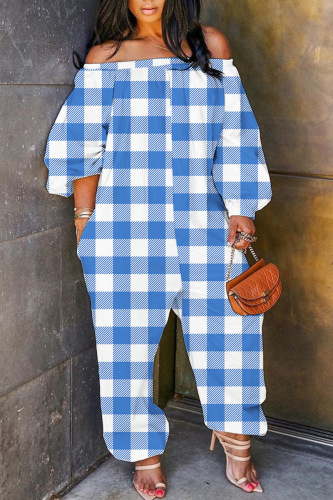 Blue White Casual Print Patchwork Off the Shoulder Regular Jumpsuits