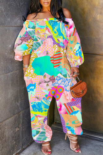 Pink Casual Print Patchwork Off the Shoulder Regular Jumpsuits