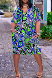 Olive Green Casual Print Basic V Neck Short Sleeve Dress