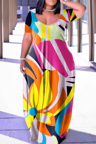 Colour Casual Print Basic V Neck Short Sleeve Dress Dresses