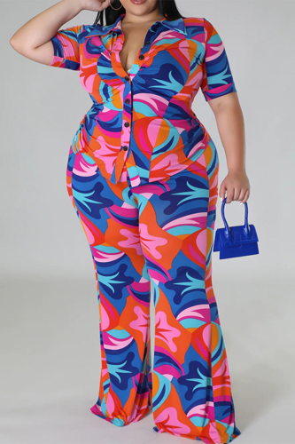 Blue Casual Work Street Print Buttons Turndown Collar Plus Size Two Pieces