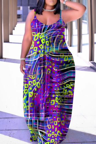 Purple Sexy Casual Print Backless Spaghetti Strap Long Dress Dresses