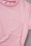 Pink Casual Solid Pocket O Neck Short Sleeve Two Pieces