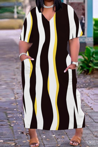 Black White Casual Print Basic V Neck Short Sleeve Dress Dresses