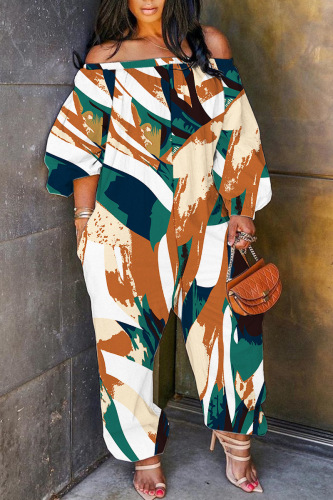 Coffee Casual Print Patchwork Off the Shoulder Regular Jumpsuits