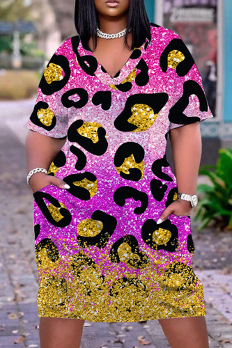 Purple Casual Print Basic V Neck Short Sleeve Dress