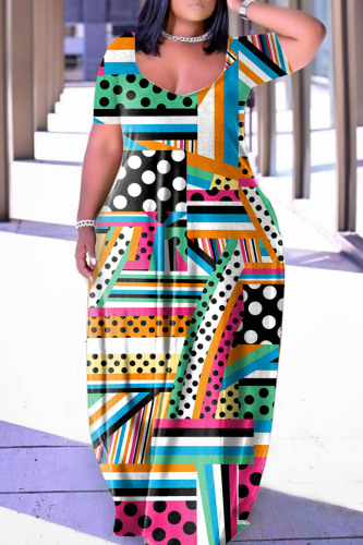 Multicolor Casual Print Basic V Neck Short Sleeve Dress Dresses