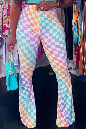 Colour Casual Plaid Patchwork Regular High Waist Speaker Full Print Bottoms