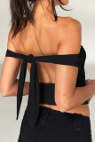Black Sexy Solid Hollowed Out Frenulum Backless Strapless Tops