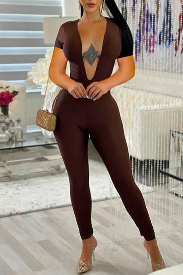 Brown Casual Solid Basic V Neck Skinny Jumpsuits