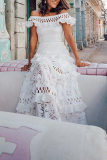 White Celebrities Elegant Solid Lace Hollowed Out Without Belt Off the Shoulder A Line Dresses
