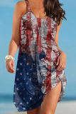 Red White Casual Flag Stars Print Backless Sleeveless Loose Cami Dress