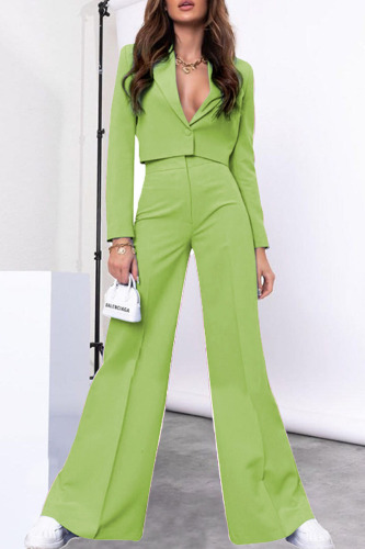 Fluorescent Green Casual Solid Patchwork Buttons V Neck Long Sleeve Two Pieces