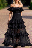 Black Celebrities Elegant Solid Lace Hollowed Out Without Belt Off the Shoulder A Line Dresses