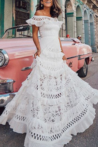 White Celebrities Elegant Solid Lace Hollowed Out Without Belt Off the Shoulder A Line Dresses