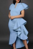 Sky Blue Formal Solid Patchwork V Neck Irregular Dress Dresses