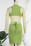 Light Green Casual Solid Hollowed Out Turtleneck Sleeveless Dress Dresses
