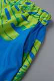 Blue Casual Print Basic Shirt Collar Long Sleeve Three Piece Set