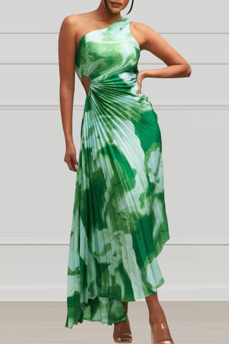 Elegant Geometric Print Irregular Oblique Collar Irregular Dresses