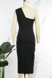 Black Sexy Solid Backless Slit Oblique Collar Sleeveless Dress Dresses