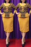 Yellow Casual Print Patchwork With Belt V Neck Pencil Skirt Plus Size Dresses