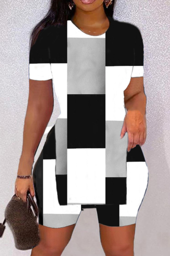 Black White Casual Print Slit O Neck Short Sleeve Two Pieces