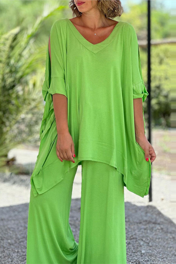 Fluorescent Green Casual Simplicity Solid Frenulum V Neck Half Sleeve Two Pieces