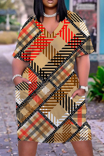 Khaki Casual Print Basic V Neck Short Sleeve Dress