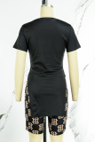 Pure Black Casual Print Slit O Neck Short Sleeve Two Pieces