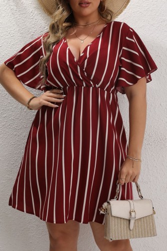 Burgundy Casual Striped Print Patchwork V Neck Short Sleeve Dress Plus Size Dresses
