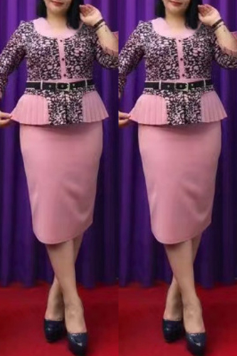 Pink Casual Print Patchwork With Belt V Neck Pencil Skirt Plus Size Dresses
