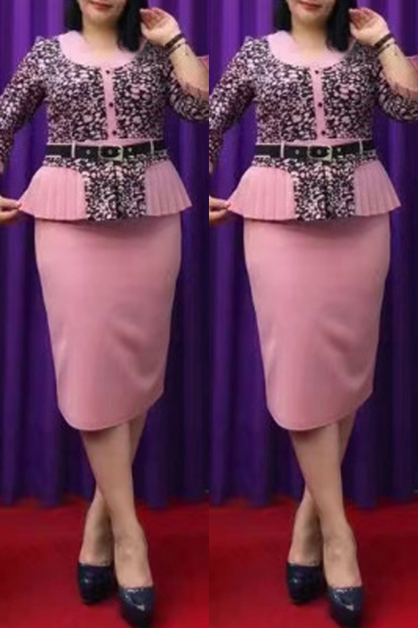 Pink Casual Print Patchwork With Belt V Neck Pencil Skirt Plus Size Dresses