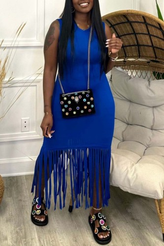 Blue Casual Solid Tassel O Neck Sleeveless Dress Dresses