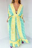 Green Yellow Casual Print Patchwork V Neck Regular Jumpsuits