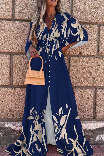 Deep Blue Casual Print Patchwork V Neck Long Dress Dresses