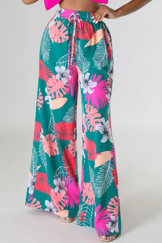 Green Casual Print Patchwork Straight High Waist Wide Leg Full Print Bottoms