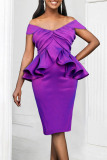 Purple Casual Solid Patchwork V Neck One Step Skirt Dresses