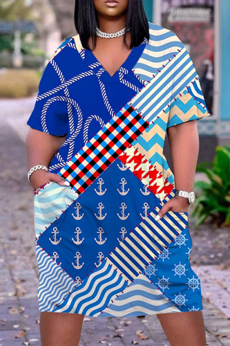 Blue Casual Print Basic V Neck Short Sleeve Dress