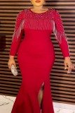 Red Casual Patchwork Hot Drilling Tassel Slit O Neck Long Dress Plus Size Dresses