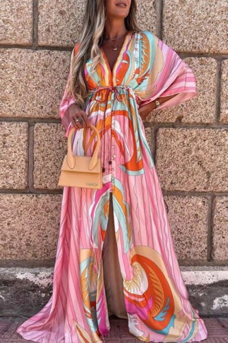 Pink Casual Print Patchwork V Neck Long Dress Dresses