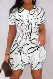 White Casual Print Slit O Neck Short Sleeve Two Pieces