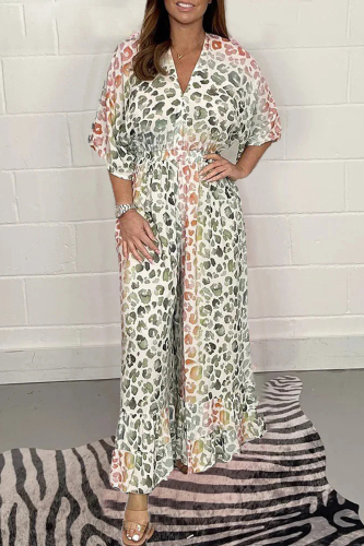 Green Casual Print Patchwork V Neck Regular Jumpsuits