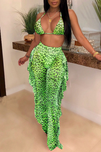 Green Sexy Print Patchwork Flounce Halter Sleeveless Two Pieces