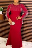 Red Casual Patchwork Hot Drilling Tassel Slit O Neck Long Dress Plus Size Dresses