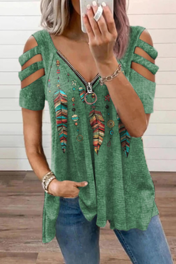Green Casual Print Hollowed Out Zipper V Neck T-Shirts