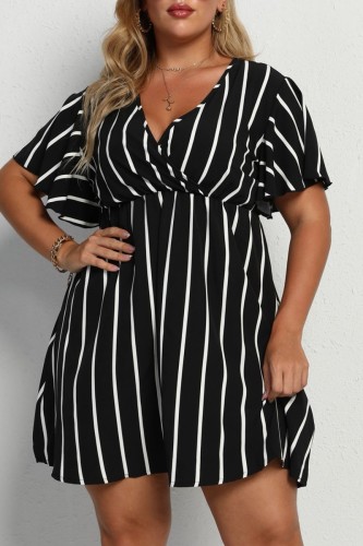 Black Casual Striped Print Patchwork V Neck Short Sleeve Dress Plus Size Dresses