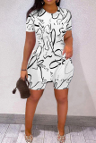 Black White Casual Print Slit O Neck Short Sleeve Two Pieces