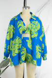 Blue Casual Print Basic Shirt Collar Long Sleeve Three Piece Set